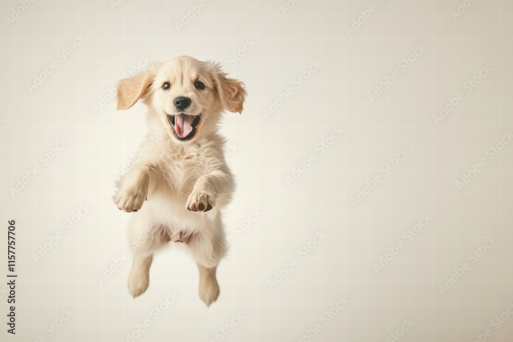 Poster joyful puppy leaps in mid air, showcasing excitement and playfulness in a light and airy setting. ge