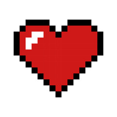 Pixelated red heart with a white highlight on a white background, red heart, pixel art, heart.