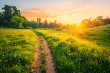 Obraz premium Morning Sun Illuminating Serene Meadow with Dew-Kissed Grass and Towering Trees