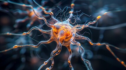 Intricate Neural Network: Visualization of a Neuron with Dendrites and Axon Terminals Illuminated in Bioluminescent Glow
