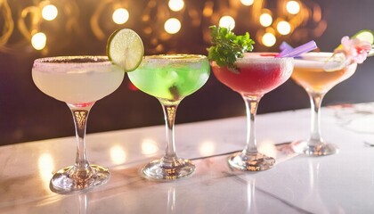 Vibrant and Colorful Cocktails in Elegant Glasses on a Bar Counter Surrounded by Neon Lights Against a Dark Night Background A Stunning Visual Delight for Cocktail Lovers and Nightlife Enthusiasts