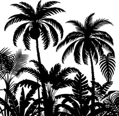 Silhouette palm trees. Set tropical black jungle plants illustration. Vector isolated image silhouettes leaves and coconut jungle tree 
