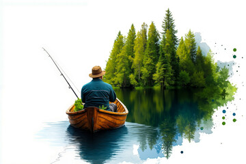 A man in a boat fishing on a lake with trees in the background