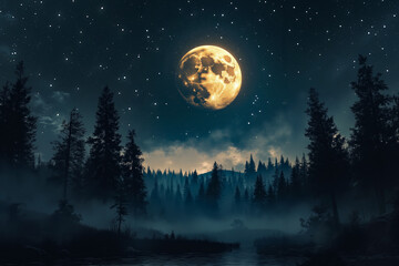 Fototapeta premium A full moon in the night sky over a lake surrounded by trees