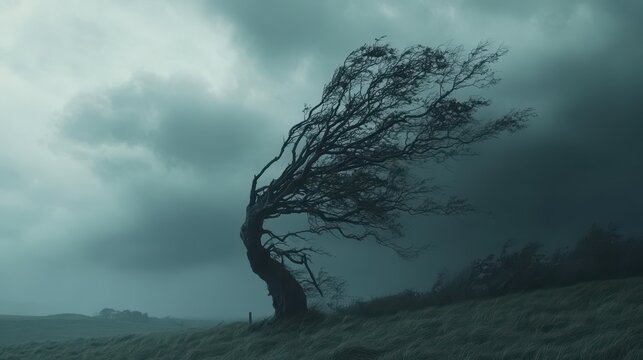 old tree blowing in the wind through a storm