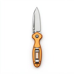 A close-up of a stylish folding knife with an orange handle, perfect for outdoor enthusiasts and collectors.