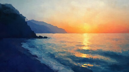 Obraz premium Vibrant Coastal Sunset: A Painterly Digital Illustration. AI Generated