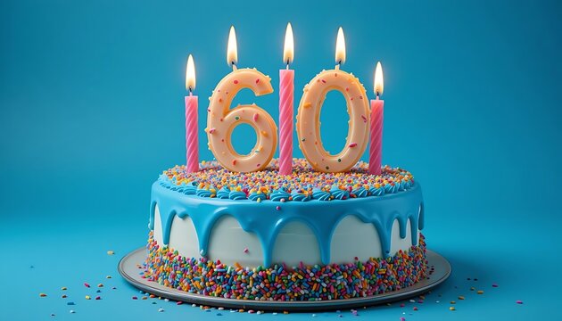 Vibrant 60th Birthday Cake with Blue Frosting, Colorful Sprinkles, and Burning Candles on Blue Background
