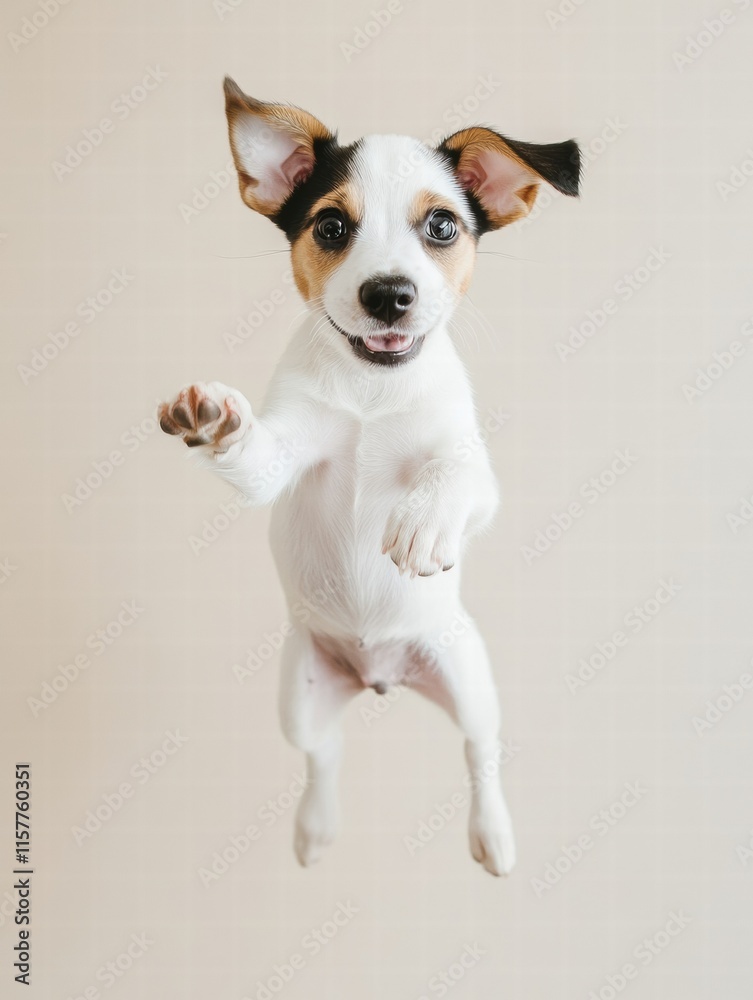 Aufkleber joyful puppy leaps in mid air with playful energy and plenty of space for your text. generative ai