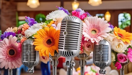 Concepto de Msica y Radio Micrfono Retro Decorado con Flores de Colores para Evento Musical Un Toque Vintage y Colorido que Captura la Esencia de la Creatividad Artstica.