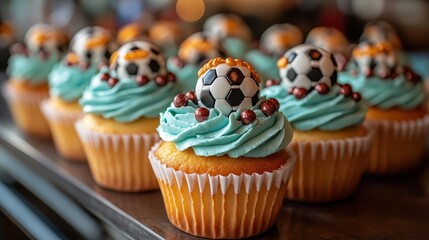 Cupcakes topped with edible soccer balls, cleats, and miniature trophies, neatly arranged