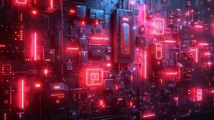 Obraz premium Arrange a neon showcase of smart door lock symbols, featuring