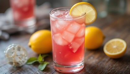 Fototapeta premium Refreshing Pink Lemonade with Ice Cubes and Lemons on Table