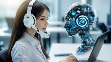 Young woman with headset engages in virtual communication with an artificial intelligence interface while working on a laptop in a modern office setting