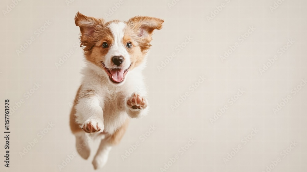 Aufkleber Joyful puppy jumps in mid air with playful expression and ample space for text or design elements. Generative AI