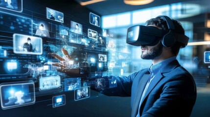 Man Engaged in Virtual Reality Experience While Interacting with Digital Images and Data in a High-Tech Environment