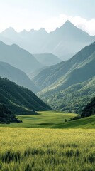 Obraz premium Beautiful golden field with mountains during sunset in a rural landscape