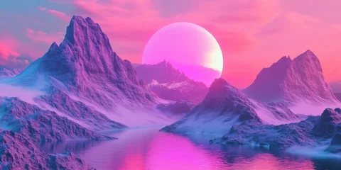 Fototapete Rund real landscape, synthwave inspired, 3d render like, surreal, outwordly landscape © World of AI