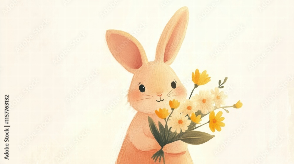 Poster Cuddly rabbit holding a colorful bouquet of flowers in a whimsical setting with plenty of space for text. Generative AI