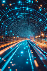 Fototapeta premium A long exposure shot of a tunnel with blue lights
