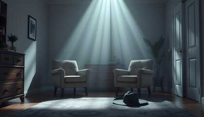 Interior of living room with armchairs, drawers and cowboy hat, Side lit. isolated with white highlights