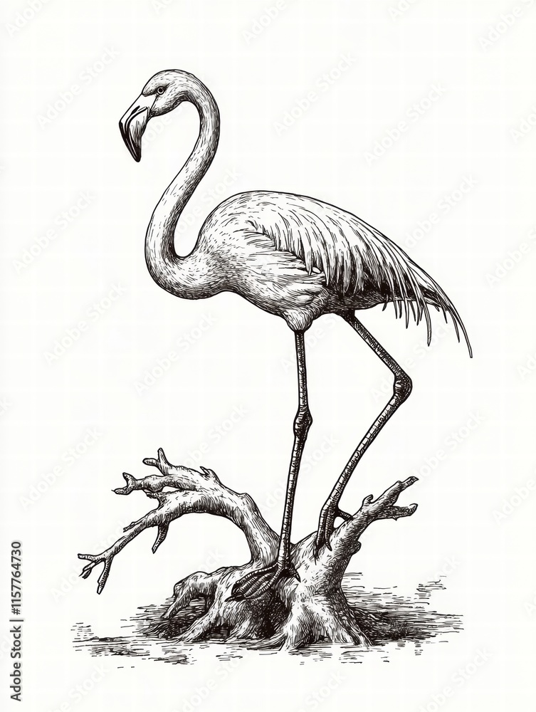 Aufkleber Elegant flamingo standing on a branch with ample space for text and stylish mock up design. Generative AI