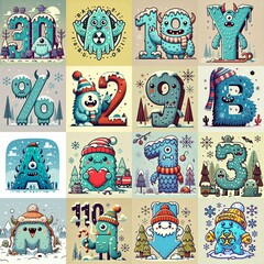 Obraz premium Cartoon Winter Monsters Lettering Typeface. AI generated illustration