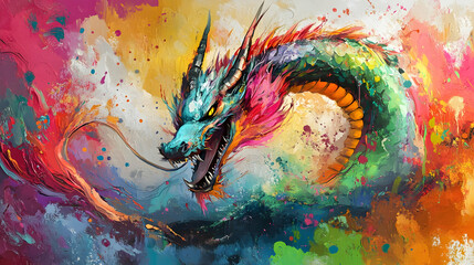 Dragon painted with splash technique on a colorful background