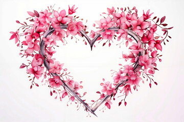 Fototapeta premium A heart shaped wreath of pink flowers on a white background