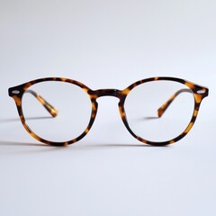 Tortoise shell round eyeglasses on white.