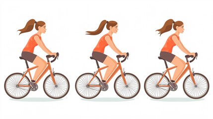 Obraz premium A young woman with long brown hair rides a bicycle, depicted in three dynamic poses, showcasing movement and energy.