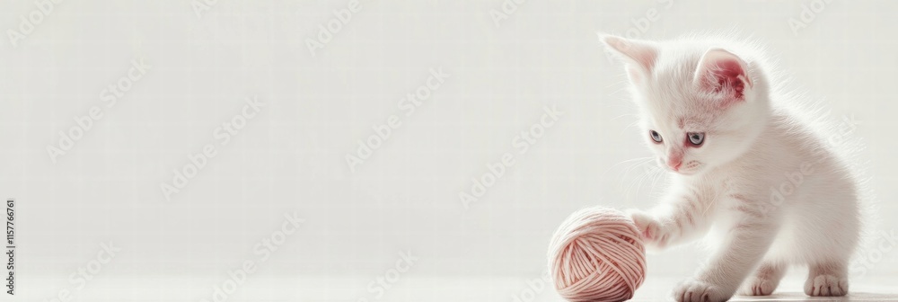 Aufkleber Cute kitten plays with a ball of yarn on a neutral background with ample copy space for text. Generative AI