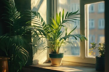 Interior of a modern apartment with green potted plants, an interior design concept. Modern home decor with various houseplants such as Zamioculcas and a palm tree plant in pots near the window. 