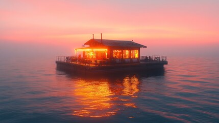 Obraz premium A floating restaurant glowing at sunset on calm waters.
