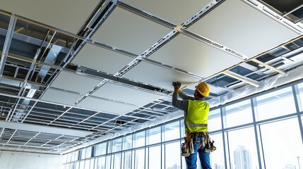 Worker installing ceiling tiles in a modern office space.
