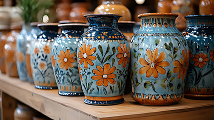 Hand-painted ceramic vases with floral designs on wooden shelf.