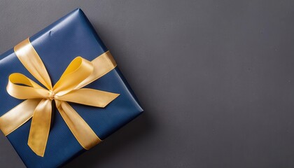 Elegant Dark Blue Gift Box with Luxurious Gold Satin Ribbon on Dark Background Perfect for Birthdays and Special Occasions Top View of a Stunning Present