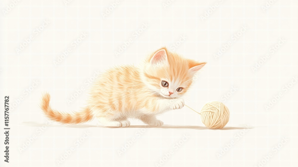 Poster cute orange kitten happily playing with a soft ball of yarn in a cozy indoor setting on a sunny day.