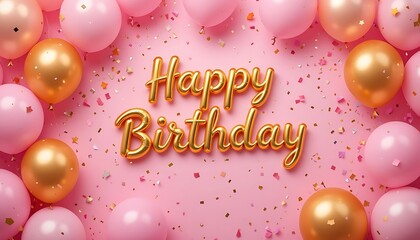 Pink Balloons Birthday Background with Golden Balloon and Confetti Decoration
