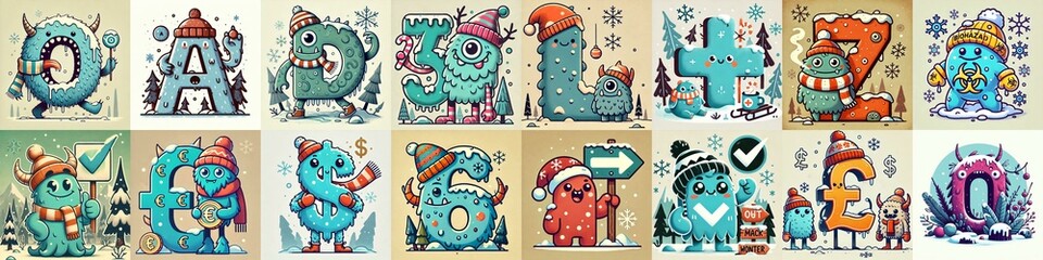 Cartoon Winter Monsters Lettering Typeface. AI generated illustration