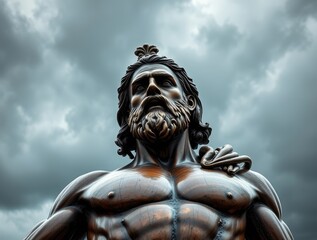 A striking bronze statue of Hercules dominates the landscape, showcasing intricate details amidst an overcast sky, capturing the essence of mythology and artistry