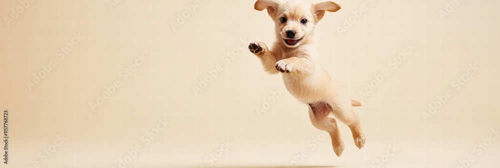 Aufkleber joyful puppy jumps in mid air against a neutral background with space for text and design elements. 