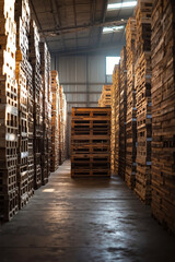 Fototapeta premium A large warehouse filled with lots of wooden pallets