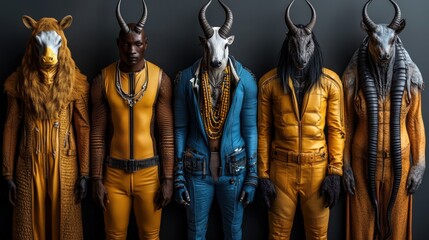 A striking group of models dressed in creatively designed outfits resembling various animals presents a captivating fusion of fashion and the natural world in a bold stance.