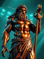 Obraz premium The bronze statue of Hercules stands tall and muscular, holding a staff. It is illuminated in a vibrant setting that highlights its intricate details