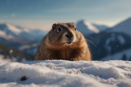 Funny plumpy photorealistic groundhog in snowy mountains landscape on background. Grounddhog day celebration. Types of animals concept
