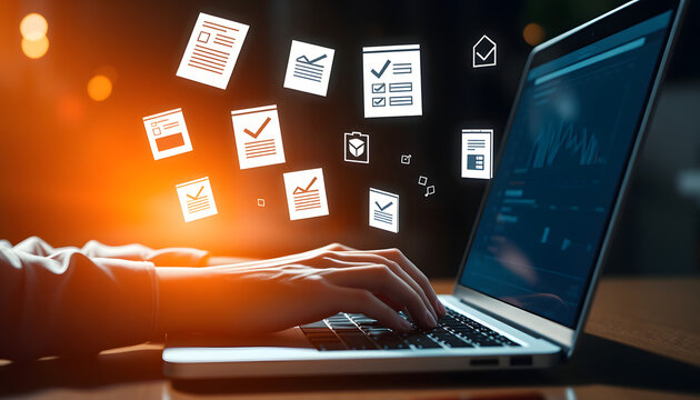 Typing on a laptop with digital documents and checklists floating above. It symbolizes the use of digital tools for task management, organization, and efficient workflow in a modern work environment