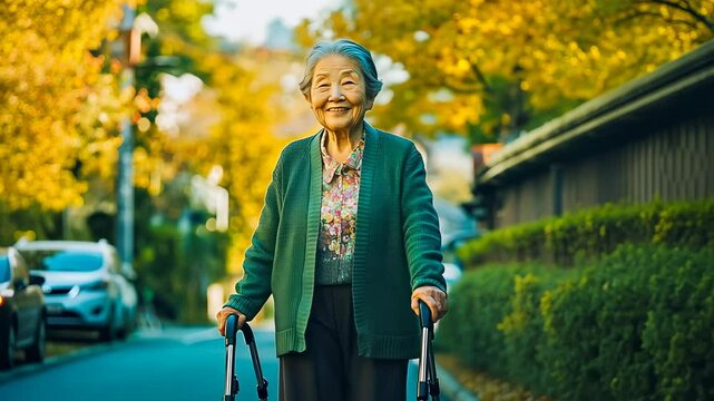 An elderly Asian woman, around 80 years old, smiles as she walks with a walker amidst vibrant autumn leaves. The sun shines brightly in the afternoon, creating a warm, cheerful atmosphere.