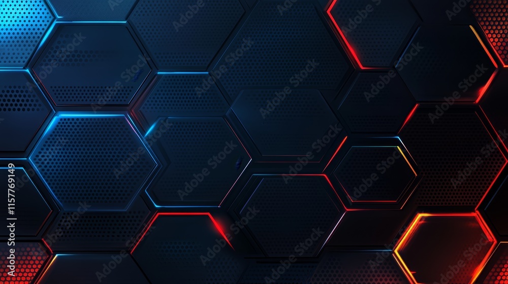 Aufkleber abstract hexagon pattern background, dark blue and red glowing lines.