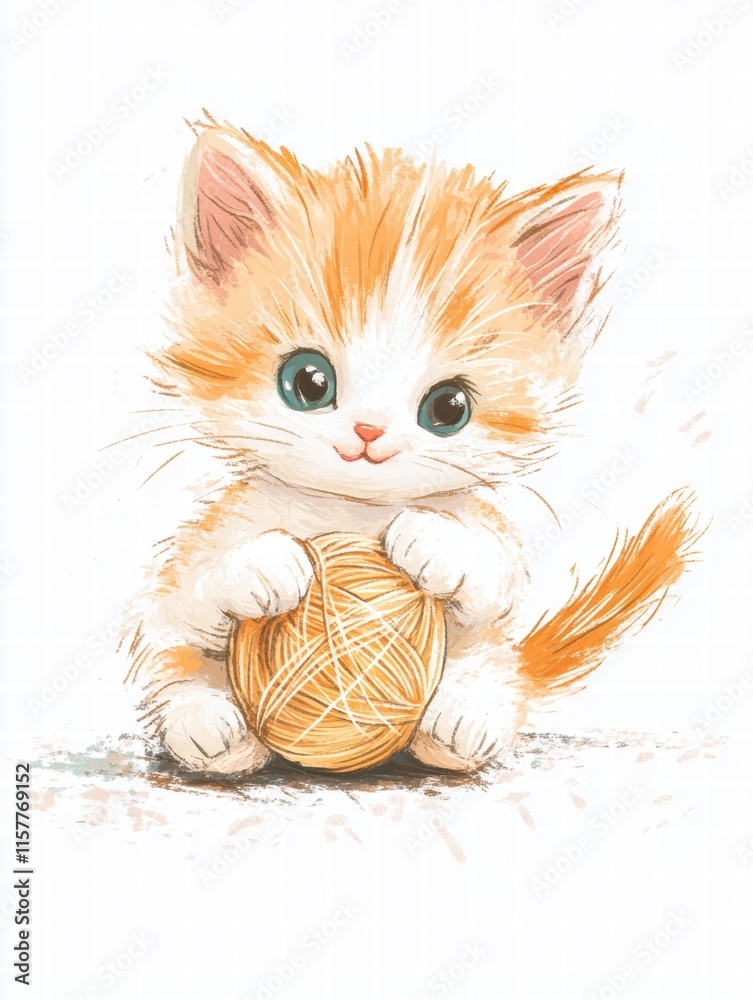 Poster cute kitten joyfully plays with a ball of yarn on a white background with space for text. generative